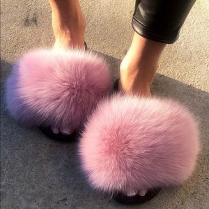Candy Pink fox fur slides